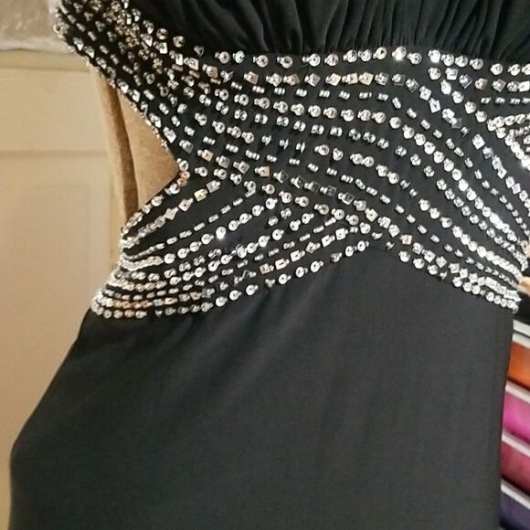 Betsy and Adam jeweled halter formal gown Black with sequined and jewels - Picture 8 of 16